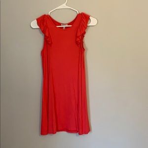 Girls pink flowy dress with ruffled shoulders